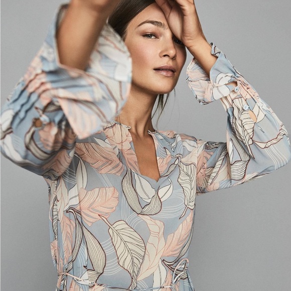 Reiss Blue and Cream Leaf Print Dress Worn Once – Excellent Condition - Picture 4 of 13